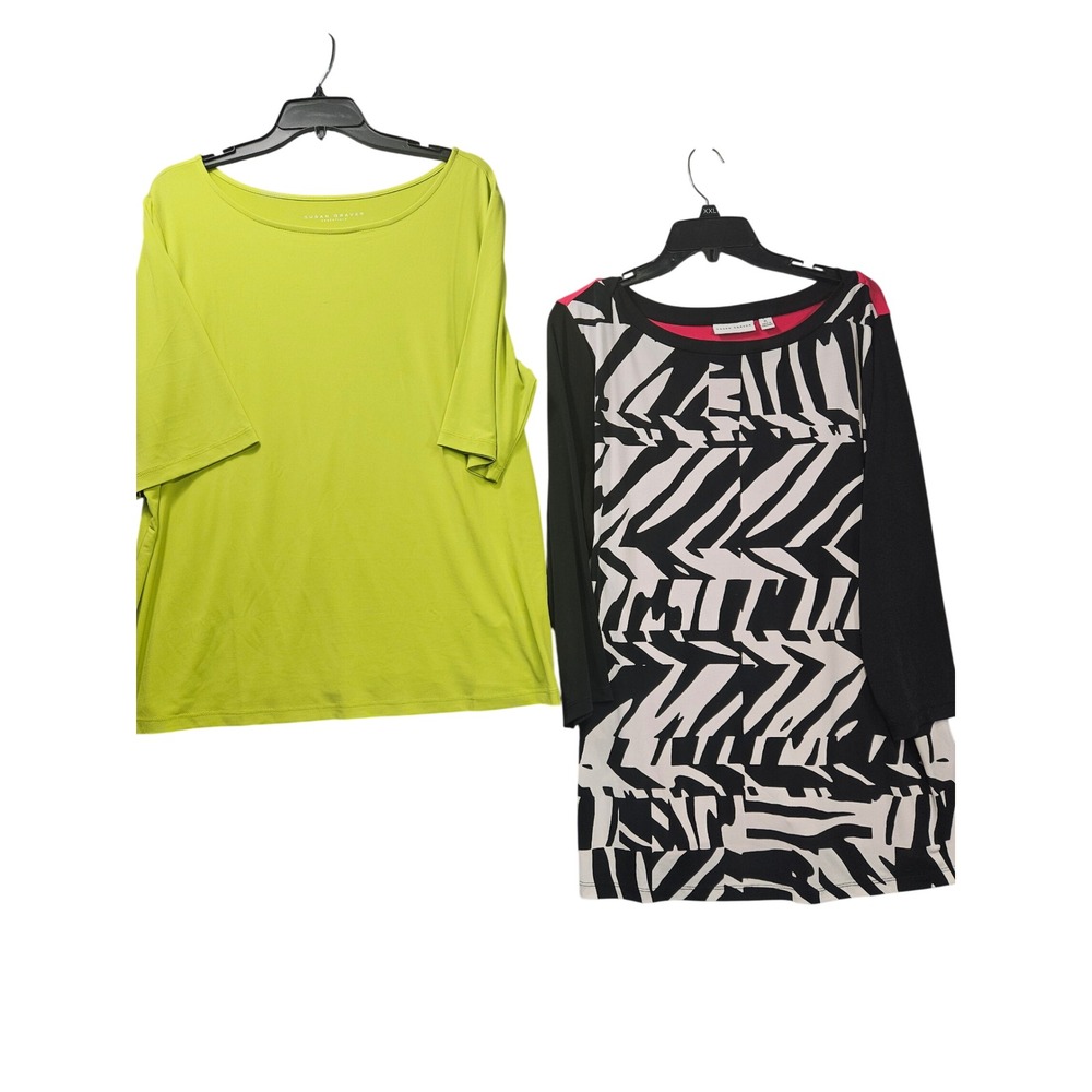 Susan Graver Essentials Women XL Tunic Top Set Lime Green Zebra Print 2 Piece